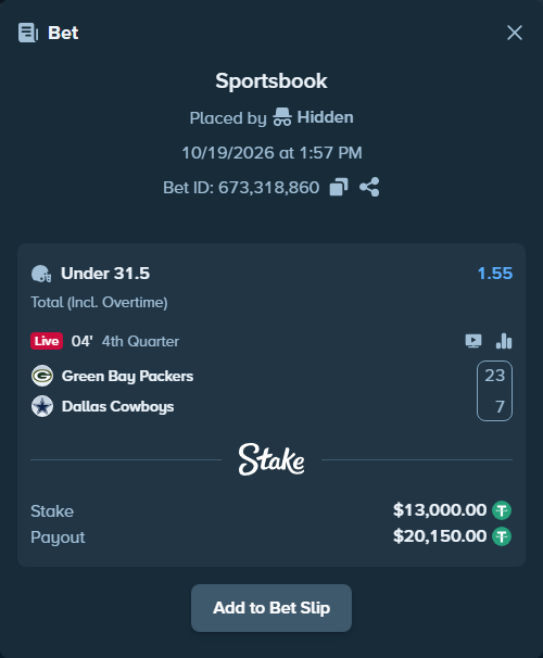 Bet slip: Green Bay Packers - Dallas Cowboys, $13,013.00 stake at 1.55 odds, placed by Hidden