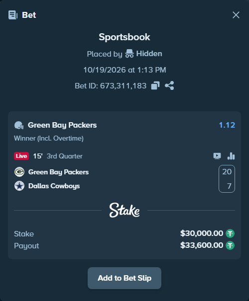 Bet slip: Green Bay Packers - Dallas Cowboys, $30,030.00 stake at 1.12 odds, placed by Hidden