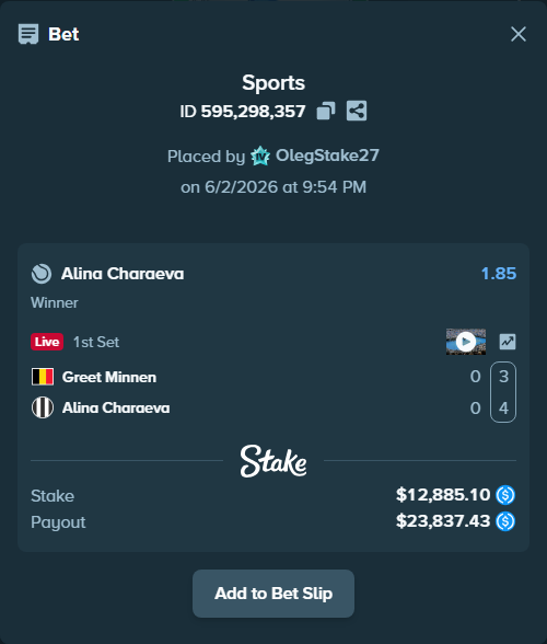 Bet slip: Greet Minnen - Alina Charaeva, $12,885.10 stake at 1.85 odds, placed by OlegStake27