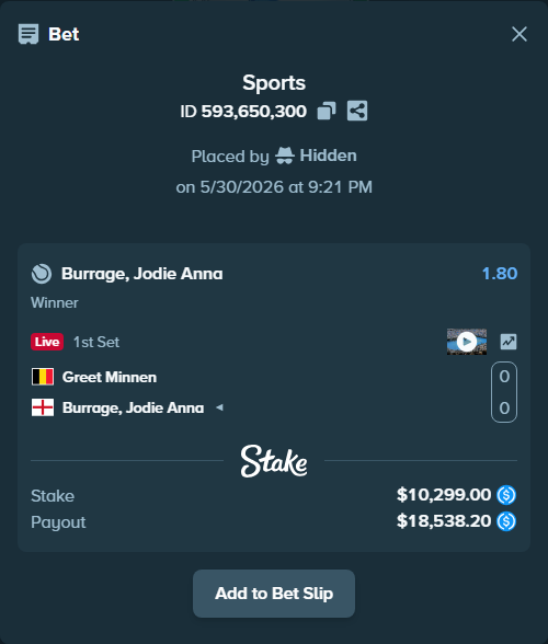 Bet slip: Greet Minnen - Burrage, Jodie, $10,299.00 stake at 1.80 odds, placed by Hidden
