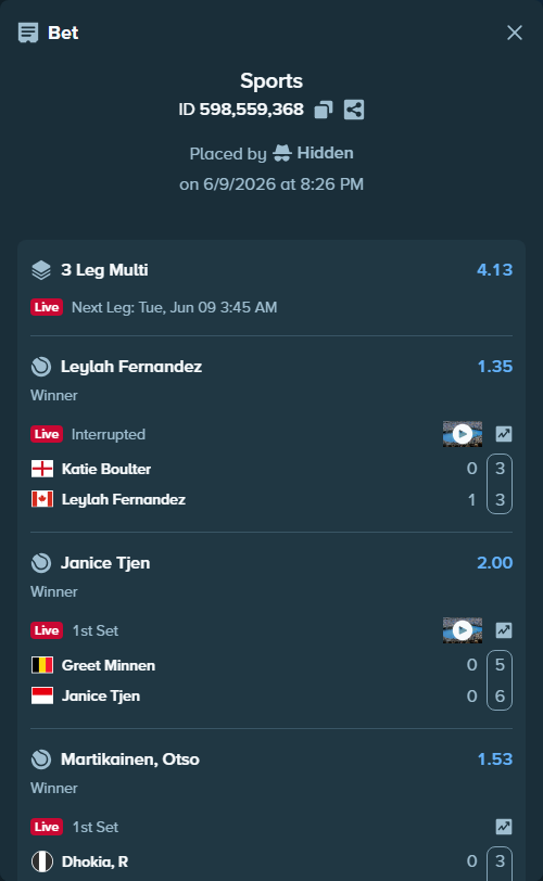 Bet slip: Greet Minnen - Janice Tjen, $15,000.00 stake at 2.00 odds, placed by Hidden