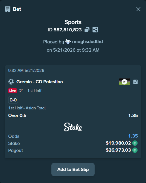 Bet slip: Gremio - CD Palestino, $20,000.00 stake at 1.35 odds, placed by rmaghsdudthd