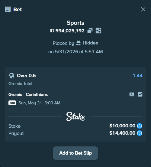 Bet slip: Gremio - Corinthians, $10,000.00 stake at 1.44 odds, placed by Hidden