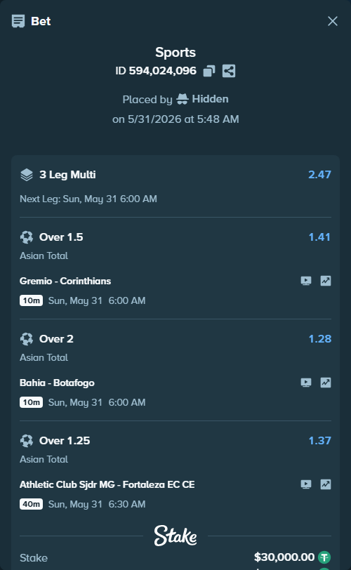 Bet slip: Gremio - Corinthians, $30,030.00 stake at 1.41 odds, placed by Hidden