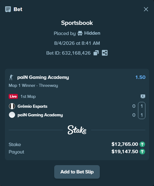 Bet slip: Grêmio Esports - paiN Gaming Academy, $12,777.76 stake at 1.50 odds, placed by Hidden