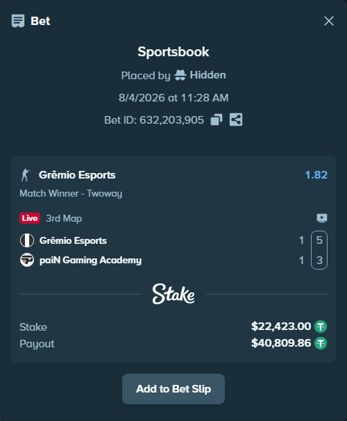 Bet slip: Grêmio Esports - paiN Gaming Academy, $22,445.42 stake at 1.82 odds, placed by Hidden