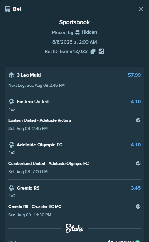 Bet slip: Gremio FB Porto Alegrense RS - Cruzeiro EC MG, $13,224.04 stake at 3.45 odds, placed by Hidden