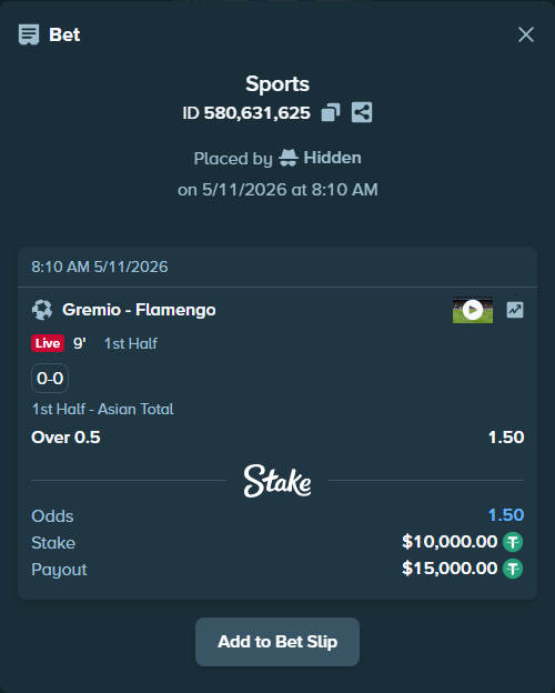 Bet slip: Gremio - Flamengo, $10,000.00 stake at 1.50 odds, placed by Hidden