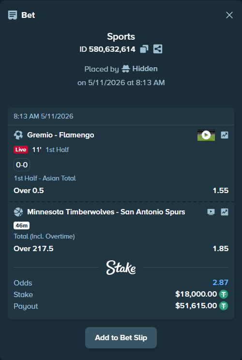 Bet slip: Gremio - Flamengo, $18,000.00 stake at 1.55 odds, placed by Hidden