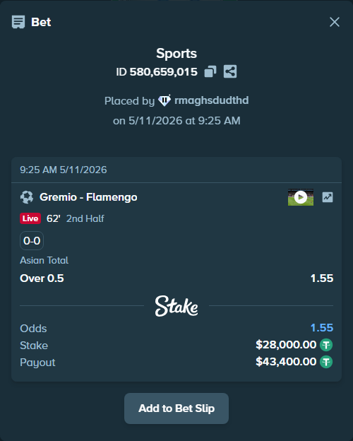 Bet slip: Gremio - Flamengo, $28,000.00 stake at 1.55 odds, placed by rmaghsdudthd