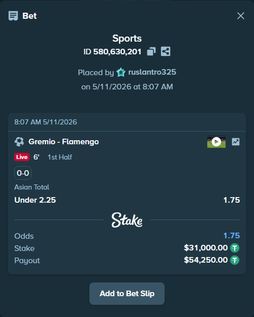 Bet slip: Gremio - Flamengo, $31,000.00 stake at 1.75 odds, placed by ruslantro325