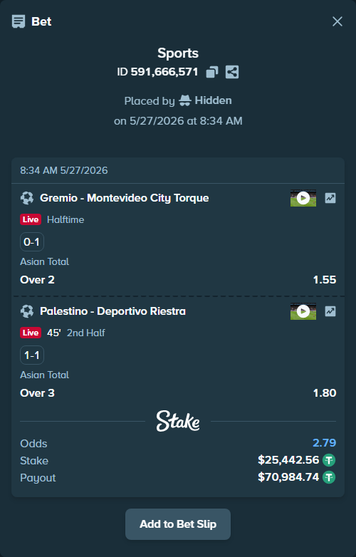 Bet slip: Gremio - Montevideo City Torque, $25,468.00 stake at 1.55 odds, placed by Hidden