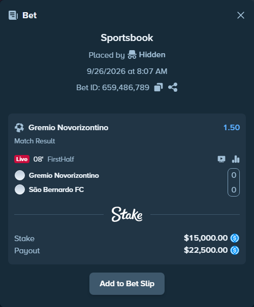 Bet slip: Gremio Novorizontino SP - Sao Bernardo FC, $15,000.00 stake at 1.50 odds, placed by Hidden