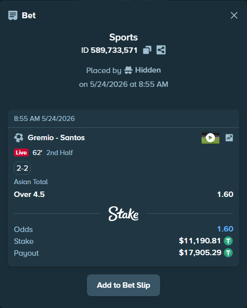 Bet slip: Gremio - Santos, $11,202.00 stake at 1.60 odds, placed by Hidden