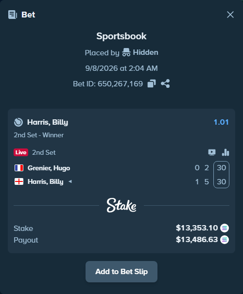 Bet slip: Grenier, Hugo - Harris, Billy, $13,428.54 stake at 1.01 odds, placed by Hidden