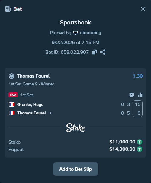 Bet slip: Grenier, Hugo - Thomas Faurel, $11,000.00 stake at 1.30 odds, placed by diomancy