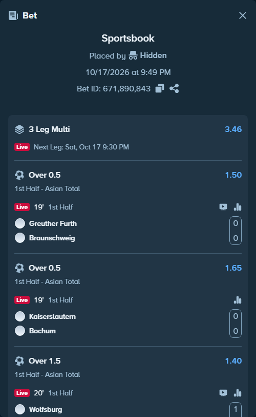 Bet slip: Greuther Furth - Braunschweig, $194,317.06 stake at 1.50 odds, placed by Hidden