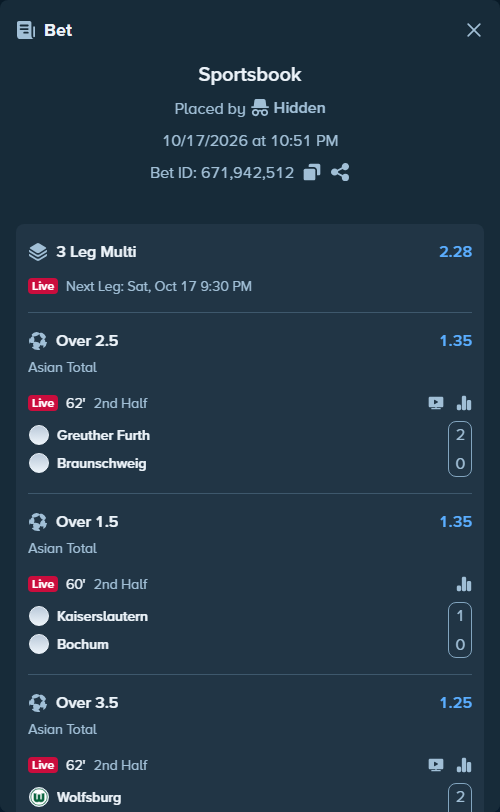 Bet slip: Greuther Furth - Braunschweig, $400,400.00 stake at 1.35 odds, placed by Hidden