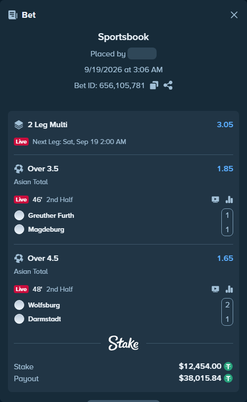 Bet slip: Greuther Furth - Magdeburg, $12,454.00 stake at 1.85 odds, placed by tlwns4736