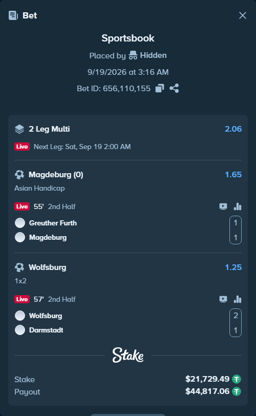 Bet slip: Greuther Furth - Magdeburg, $21,729.49 stake at 1.65 odds, placed by Hidden