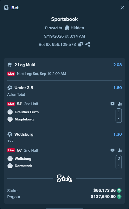 Bet slip: Greuther Furth - Magdeburg, $66,173.36 stake at 1.60 odds, placed by Hidden