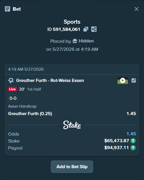 Bet slip: Greuther Furth - Rot-Weiss Essen, $65,539.35 stake at 1.45 odds, placed by Hidden