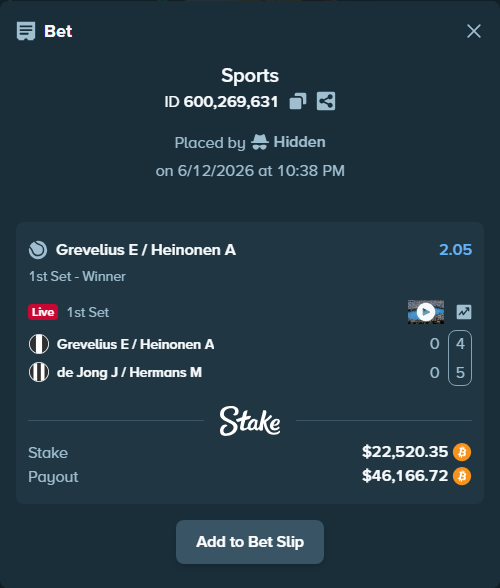 Bet slip: Grevelius E / Heinonen A - de Jong J / Hermans M, $22,861.03 stake at 2.05 odds, placed by Hidden