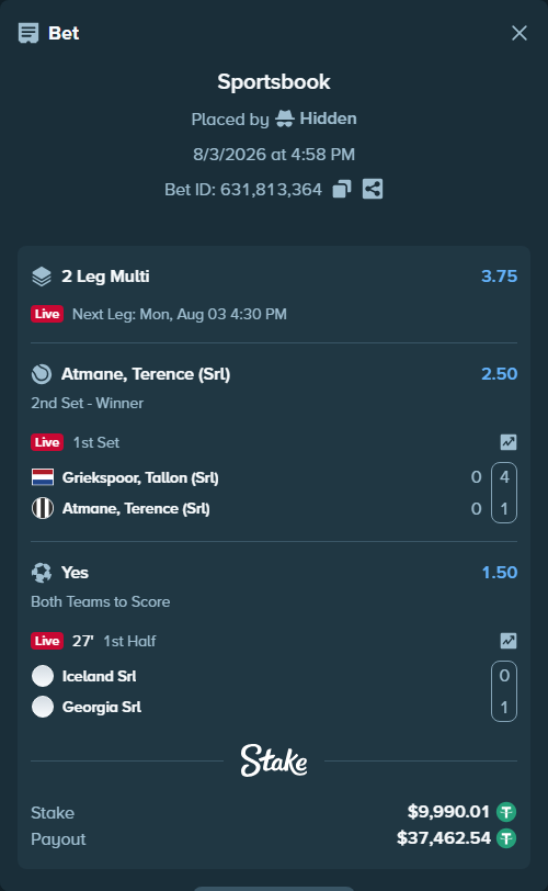Bet slip: Griekspoor, Tallon (Srl) - Atmane, Terence (Srl), $10,000.00 stake at 2.50 odds, placed by Hidden
