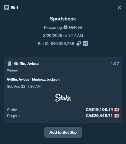 Bet slip: Griffin, Avious - Marinez, Jackson, $14,140.02 stake at 1.07 odds, placed by Hidden