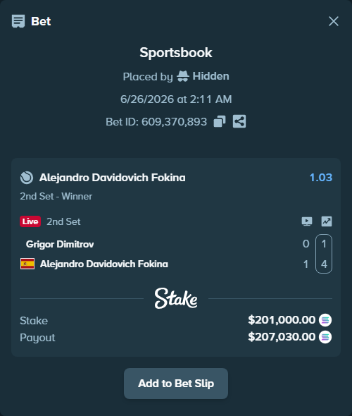 Bet slip: Grigor Dimitrov - Alejandro Davidovich Fokina, $235,869.85 stake at 1.03 odds, placed by Hidden