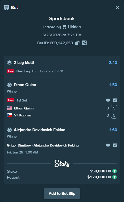 Bet slip: Grigor Dimitrov - Alejandro Davidovich Fokina, $50,050.00 stake at 1.60 odds, placed by Hidden