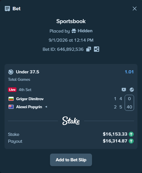 Bet slip: Grigor Dimitrov - Alexei Popyrin, $16,153.33 stake at 1.01 odds, placed by Hidden