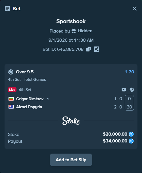 Bet slip: Grigor Dimitrov - Alexei Popyrin, $20,000.00 stake at 1.70 odds, placed by Hidden