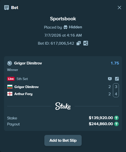Bet slip: Grigor Dimitrov - Arthur Fery, $140,059.92 stake at 1.75 odds, placed by Hidden