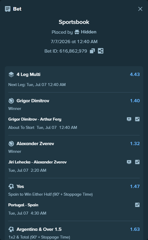 Bet slip: Grigor Dimitrov - Arthur Fery, $25,000.00 stake at 1.40 odds, placed by Hidden