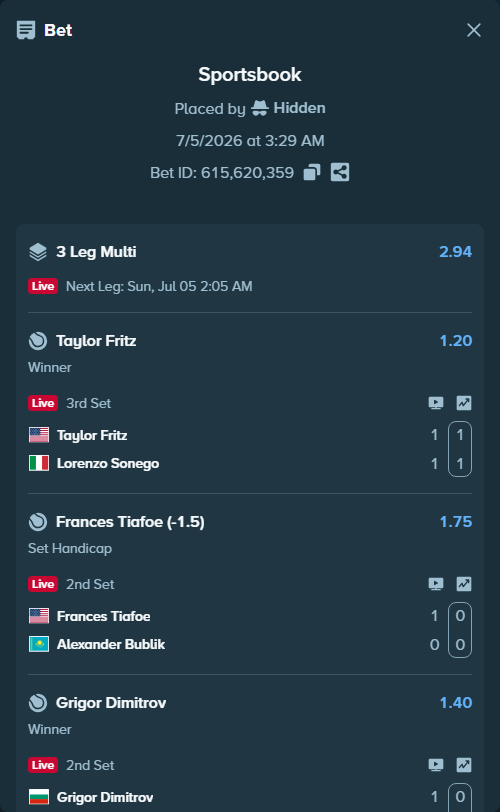 Bet slip: Grigor Dimitrov - Matteo Berrettini, $10,010.00 stake at 1.40 odds, placed by Hidden