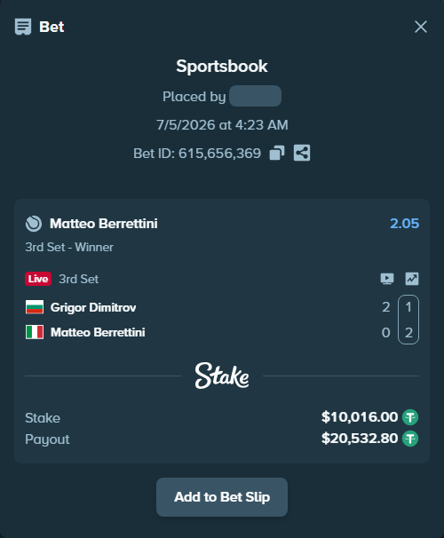 Bet slip: Grigor Dimitrov - Matteo Berrettini, $10,026.02 stake at 2.05 odds, placed by zhanjinkun