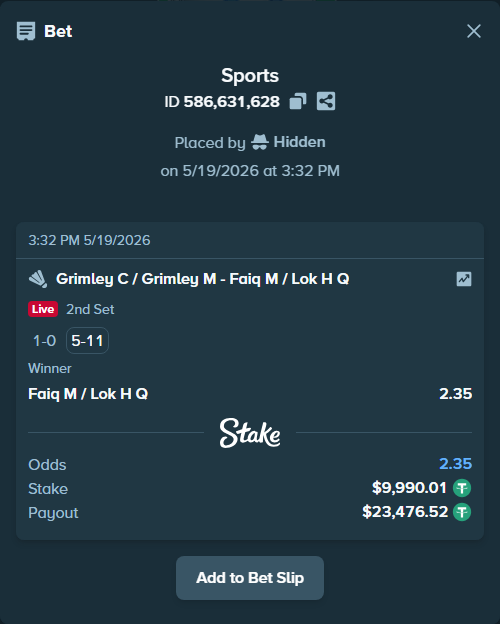 Bet slip: Grimley C / Grimley M - Faiq M / Lok H Q, $10,000.00 stake at 2.35 odds, placed by Hidden