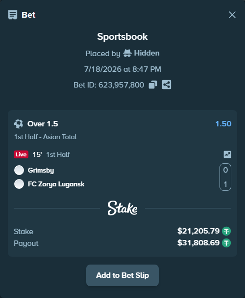 Bet slip: Grimsby - FC Zorya Luhansk, $21,227.00 stake at 1.50 odds, placed by Hidden
