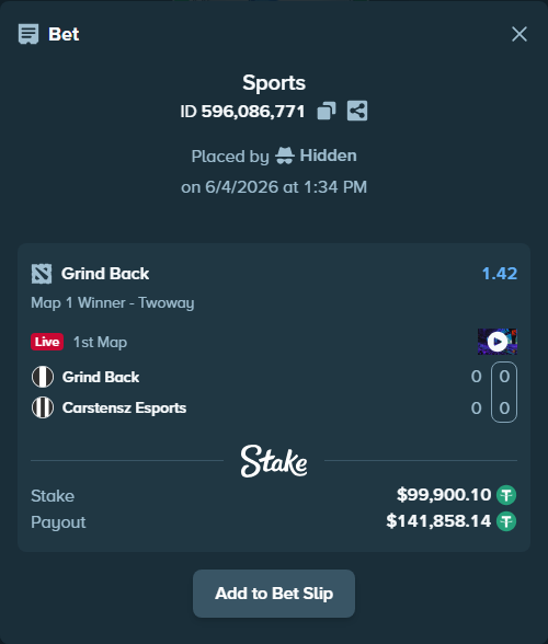 Bet slip: Grind Back - Carstensz Esports, $100,000.00 stake at 1.42 odds, placed by Hidden