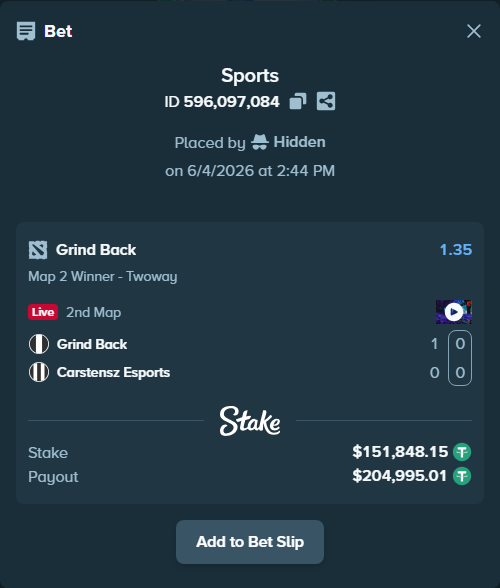 Bet slip: Grind Back - Carstensz Esports, $152,000.00 stake at 1.35 odds, placed by Hidden