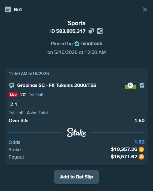 Bet slip: Grobinas SC/LFS - FK Tukums 2000/TSS, $8,396.44 stake at 1.60 odds, placed by ninafreak