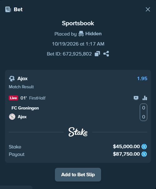 Bet slip: Groningen - Ajax, $45,000.00 stake at 1.95 odds, placed by Hidden