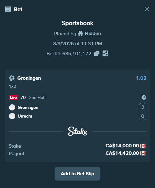 Bet slip: Groningen - Utrecht, $10,360.00 stake at 1.03 odds, placed by Hidden