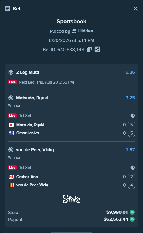 Bet slip: Grubor, Ana - Van de Peer, Vicky, $10,000.00 stake at 1.67 odds, placed by Hidden
