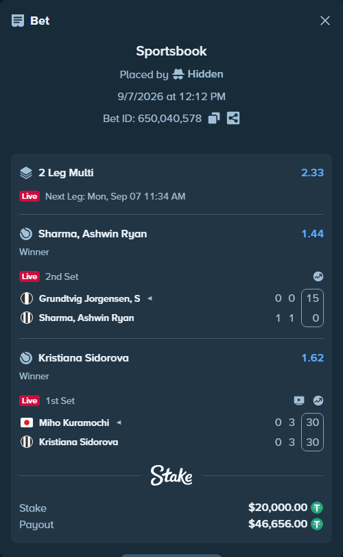 Bet slip: Grundtvig Jorgensen, S - Sharma, Ashwin Ryan, $20,000.00 stake at 1.44 odds, placed by Hidden