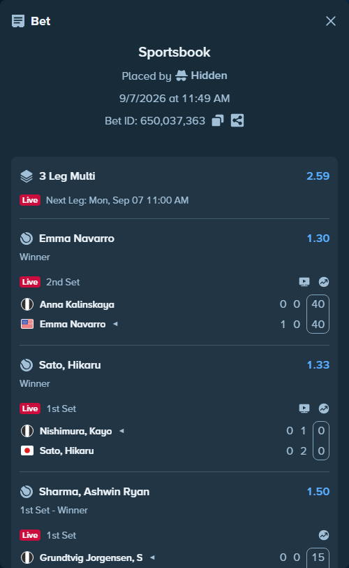 Bet slip: Grundtvig Jorgensen, S - Sharma, Ashwin Ryan, $23,359.00 stake at 1.50 odds, placed by Hidden