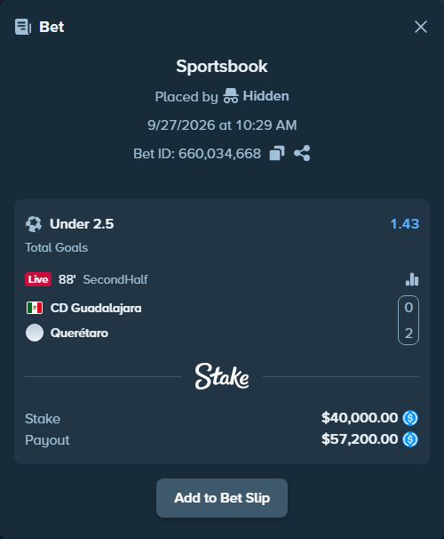 Bet slip: Guadalajara - Queretaro, $40,000.00 stake at 1.43 odds, placed by Hidden