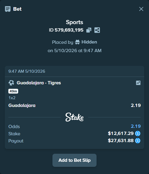 Bet slip: Guadalajara - Tigres, $12,617.29 stake at 2.19 odds, placed by Hidden