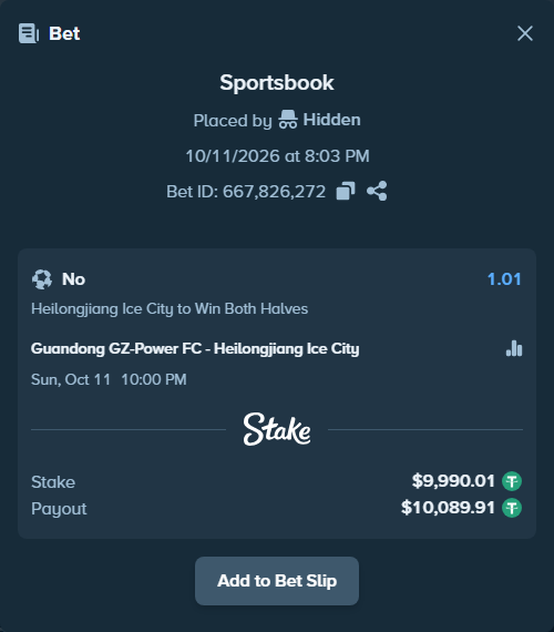 Bet slip: Guandong GZ-Power FC - Jiangxi Dingnan United, $10,000.00 stake at 1.01 odds, placed by korehato